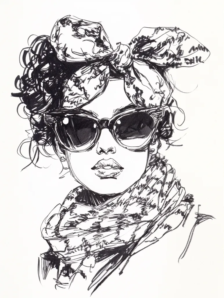 A black and white illustration of a woman with dark curly hair wearing a patterned scarf and a large bow tied around her head. She is wearing large, dark sunglasses and has her lips slightly parted. The drawing is done in a loose and expressive style, with bold lines and shading. The woman's eyes are hidden behind her sunglasses, but her overall expression is one of confidence and composure. The scarf and bow add a touch of femininity and style to the image.