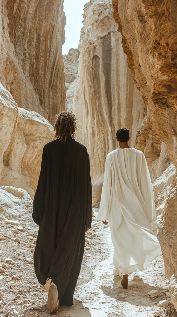 Two figures, one in a black robe and one in a white robe, walk through a narrow canyon carved out of light-colored rock. The figures are walking away from the camera and the canyon walls frame the image. The light is bright and creates long shadows on the ground. The figures are small in comparison to the vastness of the canyon, creating a sense of scale and isolation.
