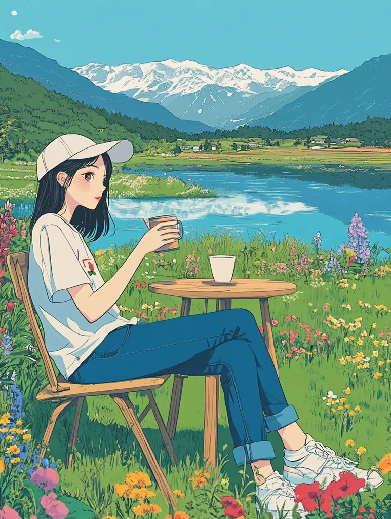 A young woman with long black hair sits at a small table in a grassy field. She wears a white shirt and jeans, and is drinking from a mug. Behind her is a lush green landscape with a lake and snow-capped mountains in the distance. The scene is bright and colorful, suggesting a sunny day. Wildflowers bloom in abundance around the table and chair, creating a beautiful and serene setting.