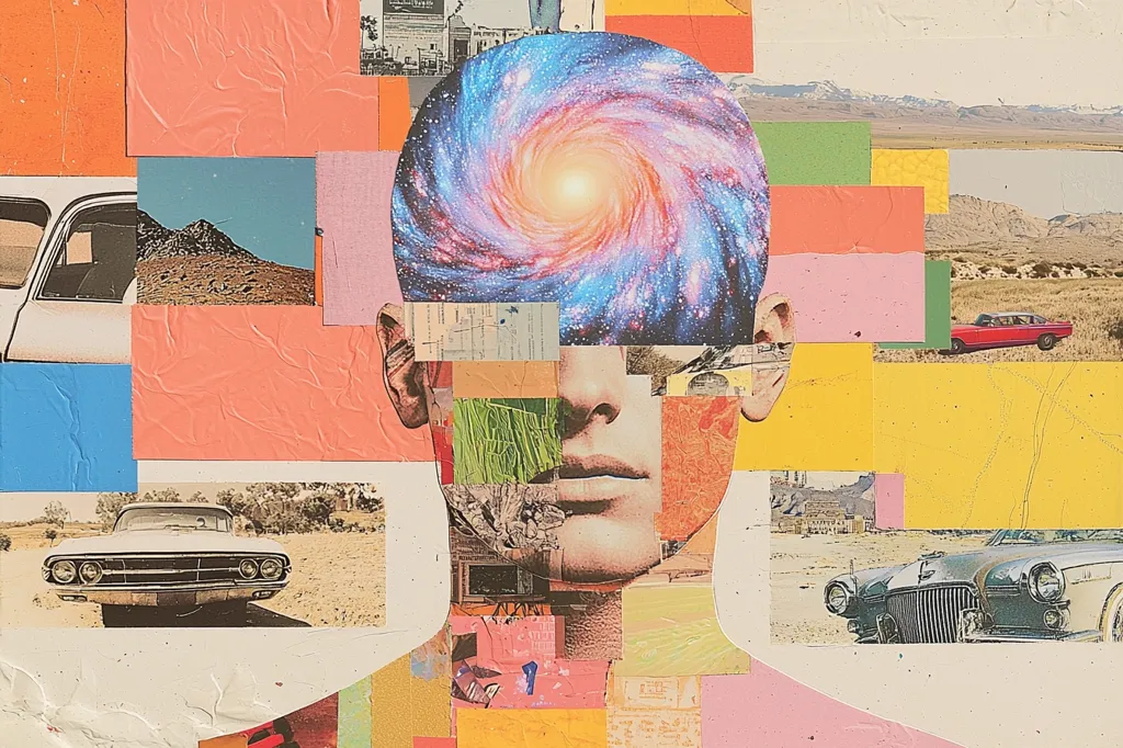 A colorful, abstract collage featuring a human silhouette with a galaxy in their head. The collage is made up of various images and patterns, including cars, buildings, landscapes, and geometric shapes. The overall effect is one of surrealism and juxtaposition, creating a dreamlike and thought-provoking image.
