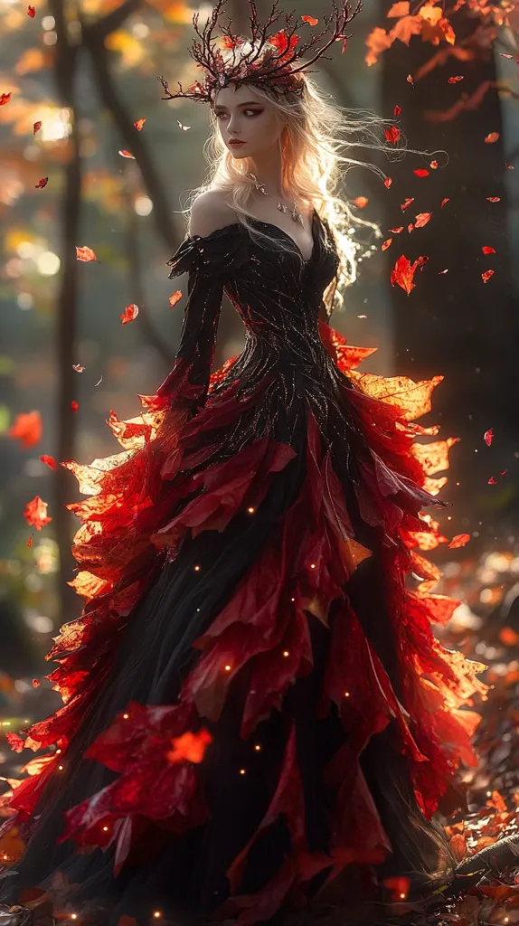 A woman in a flowing black gown adorned with crimson leaves stands in a forest, her long blonde hair blowing in the wind. She wears a crown of twigs and leaves, and her eyes are filled with a mysterious allure. The scene is bathed in a soft, warm light, creating a magical and ethereal atmosphere.