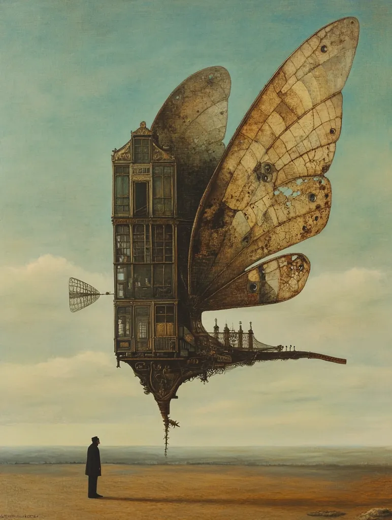 The image depicts a surreal scene with a large, intricately detailed butterfly-like structure, its wings resembling a building with multiple windows and balconies. The structure is hovering above a sandy plain, with a solitary figure standing in the foreground, gazing upwards. The sky is cloudy and hazy, adding to the dreamlike atmosphere. The artwork appears to be a mixed media painting, blending realism with imaginative elements. The overall effect is one of wonder and intrigue, inviting viewers to contemplate the nature of reality and the power of imagination.