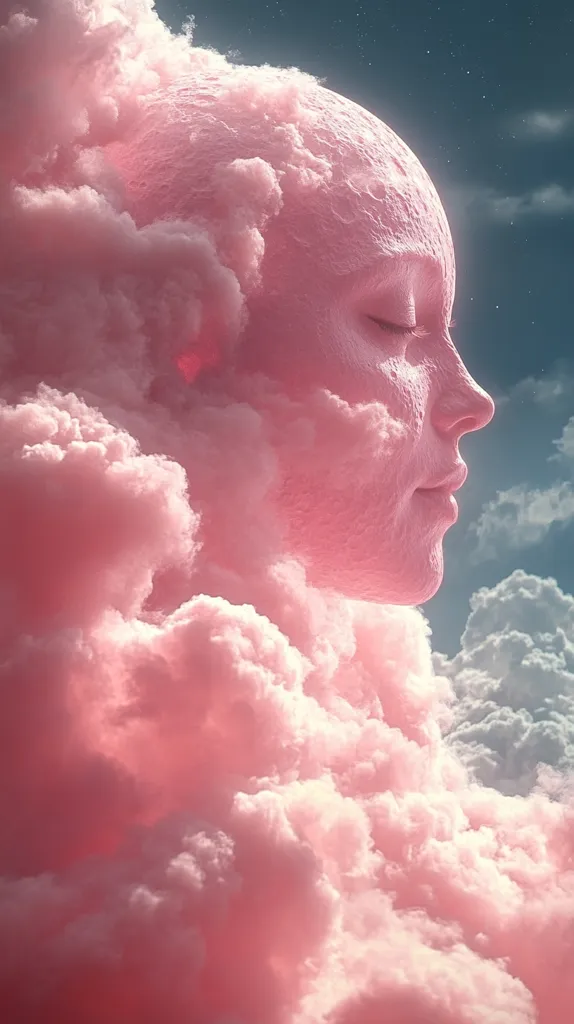 A dreamy, surreal image of a woman's face formed out of fluffy, pink clouds against a backdrop of a blue sky. The clouds have a soft, ethereal quality, creating a sense of peace and tranquility. The woman's eyes are closed, suggesting a state of deep relaxation or sleep. The overall composition is serene and evocative.