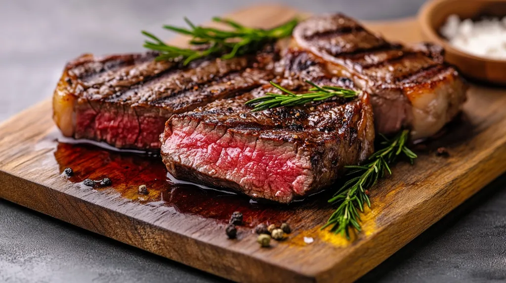 A close-up shot of two juicy, grilled steaks resting on a wooden cutting board. The steaks are cooked to a medium-rare doneness, with a crispy exterior and a tender, pink interior. The board is adorned with sprigs of rosemary and peppercorns, adding a touch of rustic charm.  The rich, red juices from the steak create a visually appealing contrast against the natural wood grain.