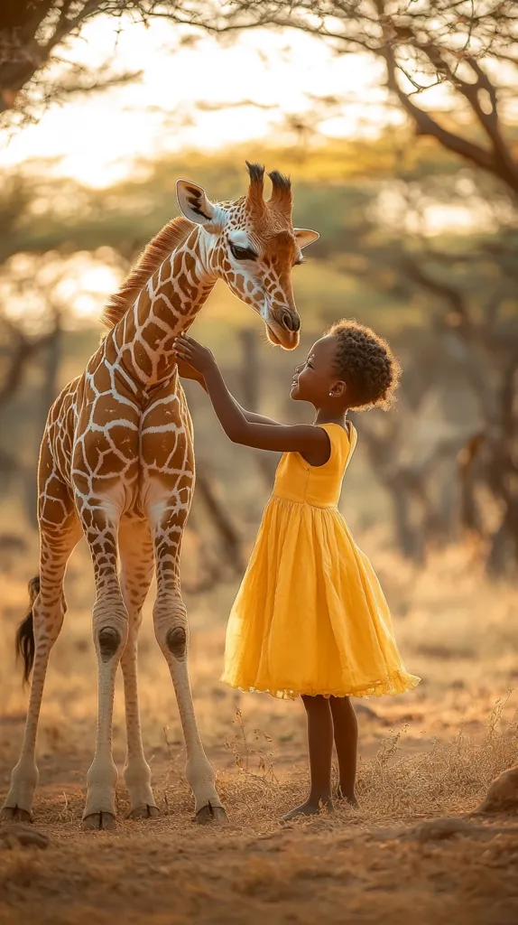 A young girl in a yellow dress stands beside a baby giraffe in a dry, grassy savanna. The girl reaches out to touch the giraffe's neck as it leans in close. The setting sun casts a warm glow over the scene. The giraffe's long legs and spotted coat are visible in the foreground. The girl's happy face and the giraffe's gentle demeanor capture a moment of peaceful connection between two different creatures.