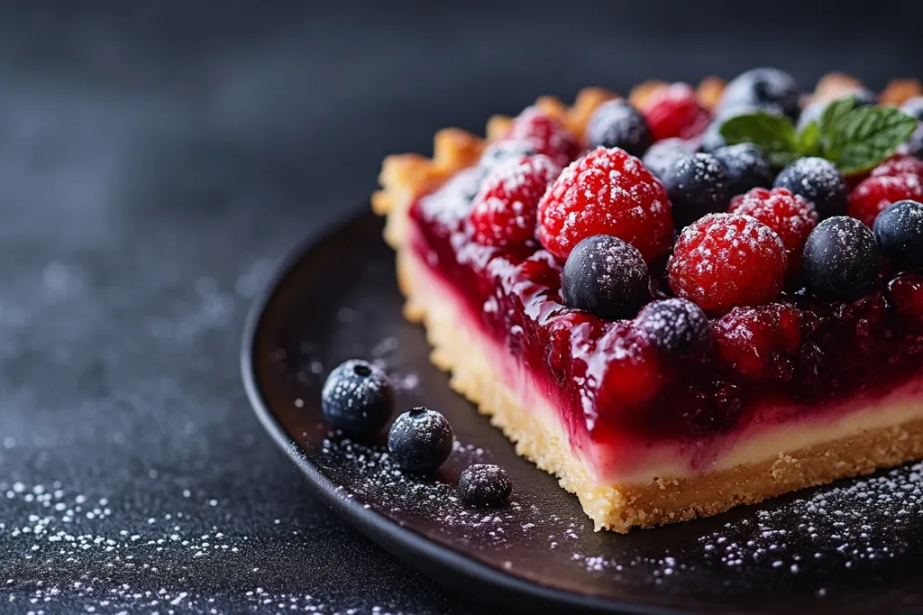 A close-up shot of a delicious berry tart, featuring raspberries, blueberries, and a creamy filling. The tart is dusted with powdered sugar and rests on a black plate, with scattered powdered sugar around it. The tart's colors are vibrant and inviting, suggesting a sweet and flavorful treat. The image focuses on the texture and details of the tart, capturing its appetizing appeal.