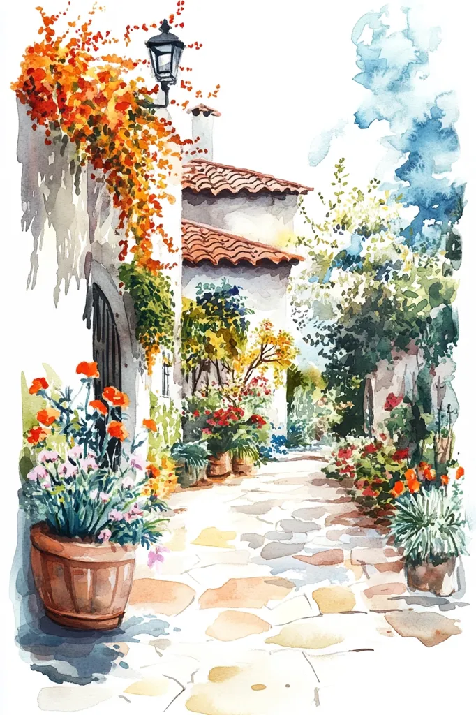 The image is a watercolor painting of a quaint, cobblestone street lined with lush greenery and charming architecture. A white building with a red tiled roof sits on the left, adorned with climbing vines and a black lantern. The pathway leads through a vibrant garden with colorful flowers and potted plants. The atmosphere is serene and picturesque, inviting viewers to imagine a leisurely stroll through this idyllic setting.