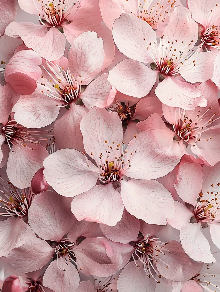 A close-up shot of a cluster of delicate pink blossoms. The petals are soft and textured, with a subtle pink hue. The flowers are arranged in a random yet harmonious way, creating a beautiful and serene composition. The background is blurred, highlighting the delicate beauty of the blossoms. The image evokes feelings of springtime, new beginnings, and gentle beauty.
