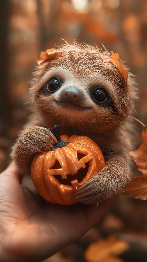 A cute sloth with big brown eyes holds a small carved pumpkin with a happy face. The sloth is surrounded by autumn leaves, creating a warm and festive atmosphere. The image evokes a sense of playfulness and the spirit of Halloween.