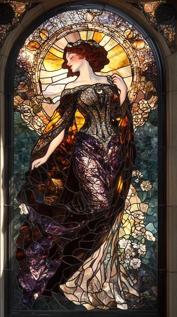 The stained glass window depicts a woman in a long, flowing gown. Her hair is red, and she has a delicate facial structure. The window is in an ornate frame, and the design features a sun-like pattern around the woman’s head, along with flowers at her feet. The colors in the window are mostly shades of brown, yellow, and purple, with hints of green and blue. The overall effect is one of beauty and grace.