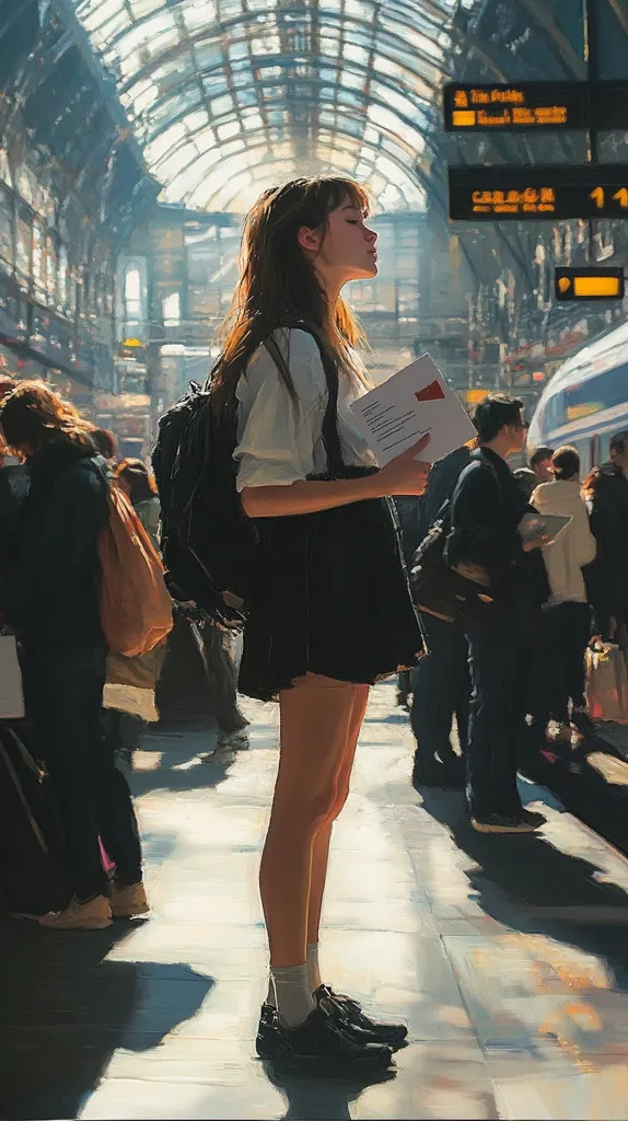 A young woman with long brown hair stands on a platform at a train station, holding a document and looking away. She wears a white shirt, a black skirt, and black shoes. She carries a black backpack. The platform is crowded with other people, and there is a train in the background. The setting is a modern train station with a glass roof.