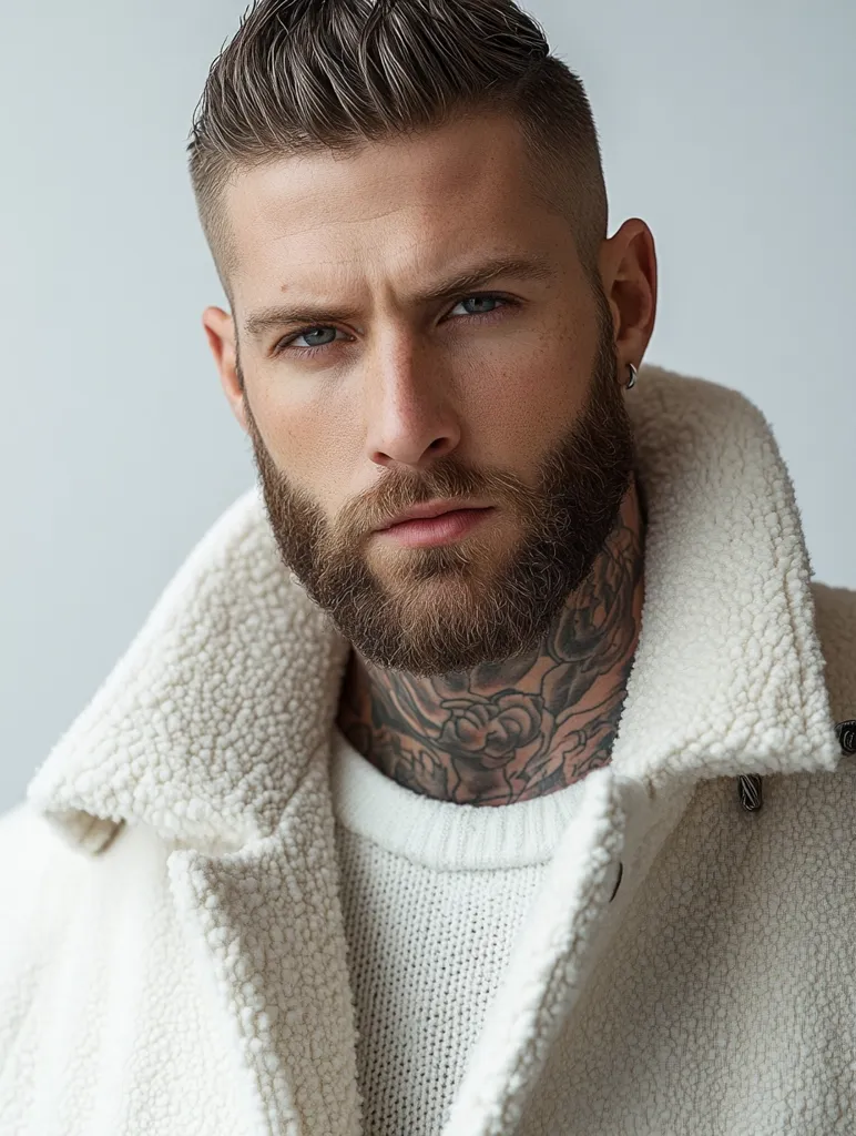 A man with a short, spiky haircut, a full beard, and a tattoo on his neck looks intensely at the camera. He is wearing a white sweater and a white fuzzy jacket. The background is a plain light gray.
