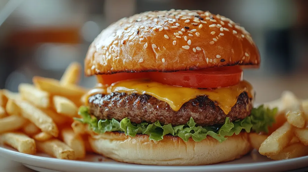 A juicy cheeseburger with a sesame seed bun, lettuce, tomato and a melted cheese slice is served on a white plate with a generous portion of golden french fries. The burger is perfectly cooked and looks incredibly delicious.  The image captures the essence of a classic American comfort food.