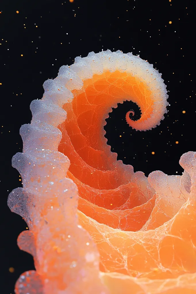 The image shows a swirling, abstract shape, reminiscent of a seashell or a swirling galaxy. The shape is predominantly orange with a hint of white, and it is set against a black background. The image is reminiscent of a 3D fractal, with intricate details and textures. The effect is otherworldly and ethereal.
