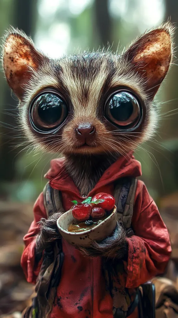 The image shows a small, furry creature with large, round eyes and a cute, button nose. It is dressed in a red jacket with a backpack, holding a bowl with red berries. The creature's large eyes and innocent expression create a sense of wonder and curiosity. The setting appears to be a forest, adding to the sense of adventure and exploration. The image evokes a feeling of tenderness and whimsy.