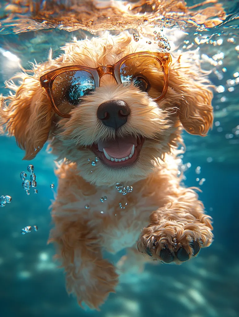 A golden-haired dog with sunglasses is swimming underwater. The dog is looking up at the camera with a big smile, revealing its white teeth. The water is turquoise blue, and there are small bubbles around the dog. The dog's fur is wet and glistening, and its paws are extended out in front of it. The image captures the joy and excitement of a dog swimming in the water.
