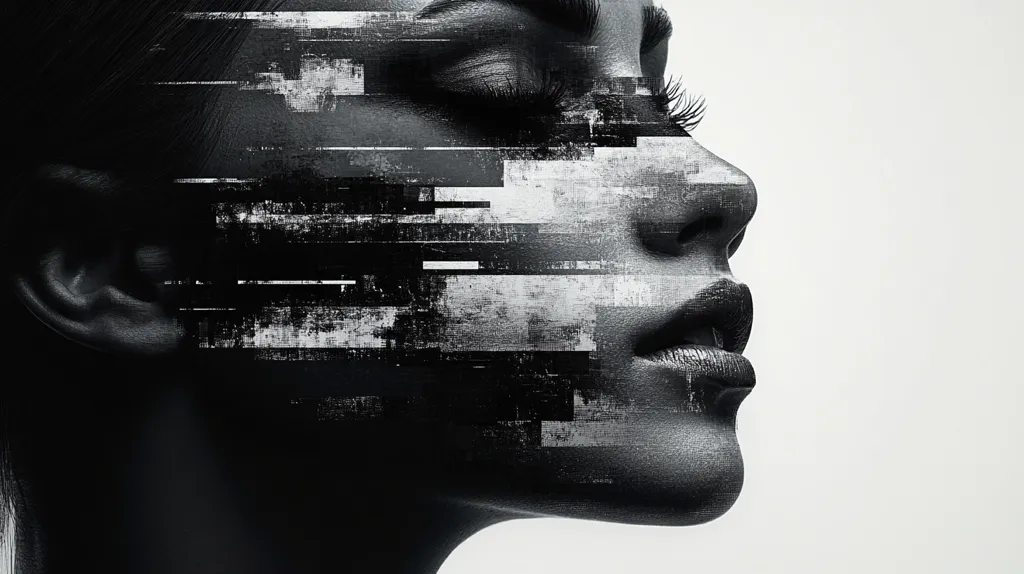 The image is a black and white portrait of a woman's face. The face is distorted with digital glitch effects, creating a sense of disruption and fragmentation. The woman's eyes are closed, and her lips are slightly parted, suggesting a state of contemplation or introspection. The overall effect is one of mystery and ambiguity, raising questions about the nature of identity and the digital age.