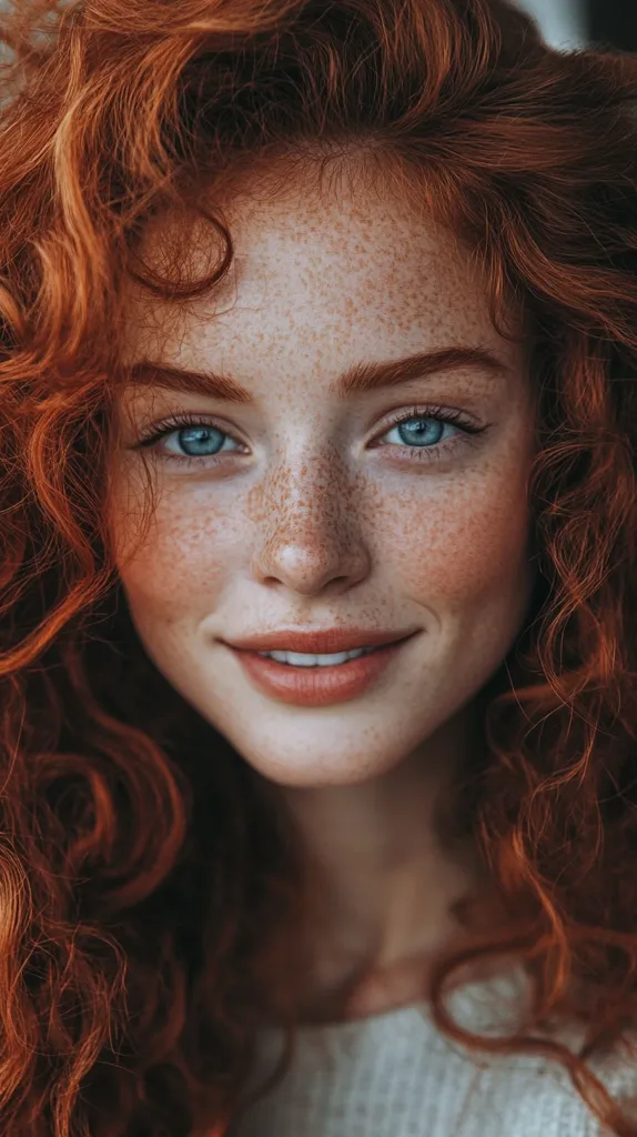 A young woman with long, curly red hair and a freckled face smiles gently at the camera. Her blue eyes sparkle, and her skin is soft and delicate. The light catches her hair, highlighting its rich color. She wears a white sweater, creating a simple and natural look. The image captures a moment of beauty and serenity.