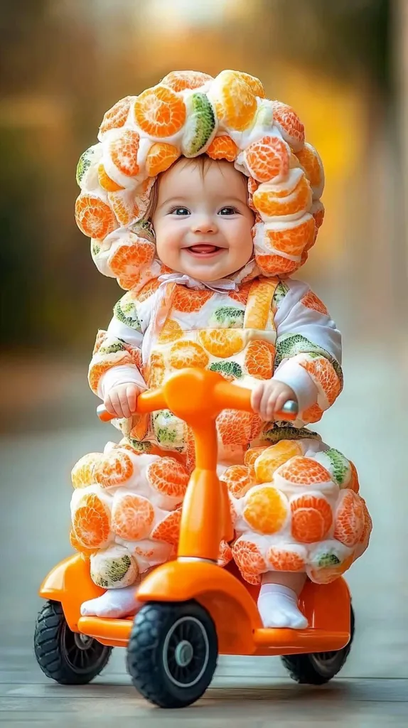 A baby, dressed in a white jumpsuit covered in orange fruit slices, sits on a small orange toy scooter. The baby has a wide, toothy grin and is wearing a matching fruit-shaped hat. The background is blurred, suggesting an outdoor setting. The image is bright and cheerful, highlighting the innocence and joy of childhood.