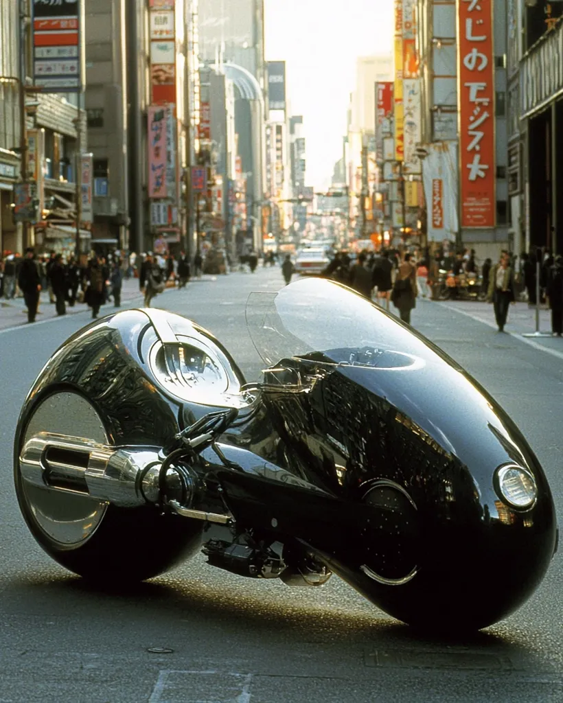 A futuristic, sleek, black motorcycle is parked in the middle of a city street. The motorcycle has a large, round front wheel and a unique, aerodynamic design. The background is blurred, showing a busy city street with tall buildings and pedestrians.  The motorcycle is in the foreground, and the city is in the background. The photo is taken at a low angle, which gives the motorcycle a sense of power and grandeur. The motorcycle is a futuristic concept vehicle, possibly designed for high-speed travel on city streets. The photo evokes a sense of excitement and wonder.