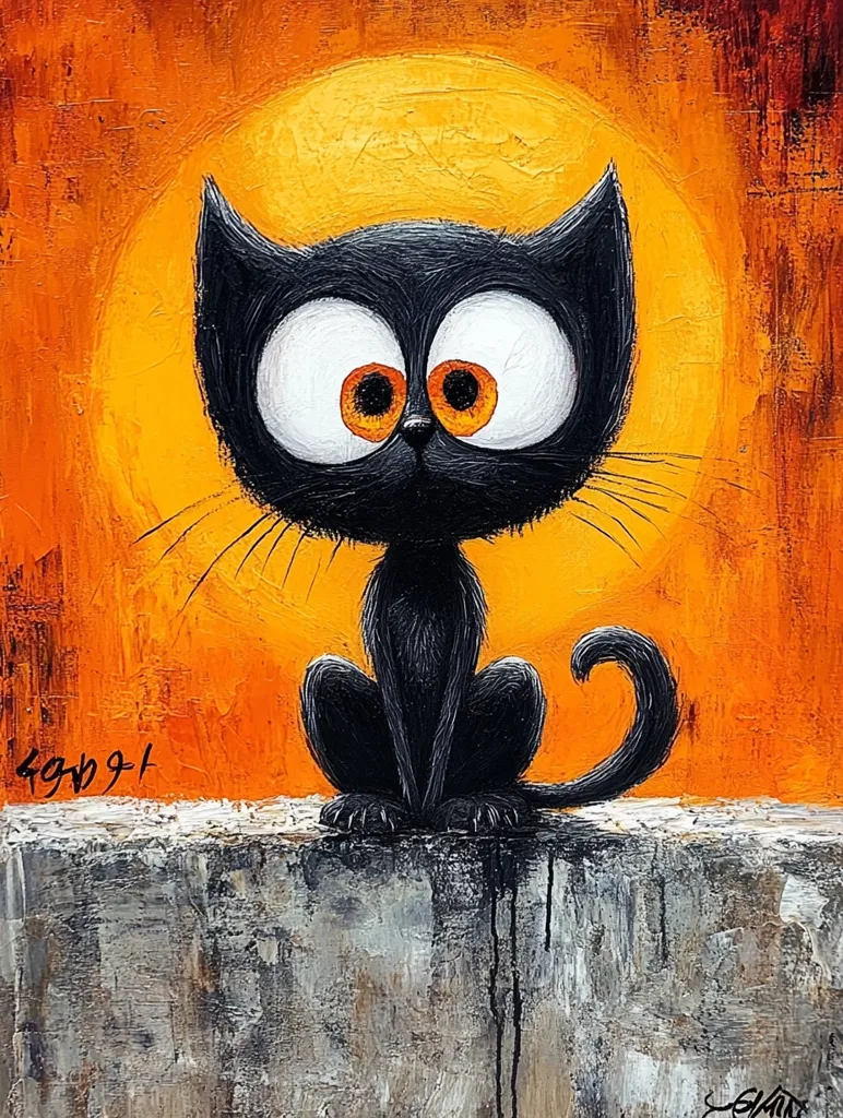 The painting depicts a black cat with large, round eyes and a playful expression. It sits on a ledge against an orange-yellow background that resembles a sunset. The cat's large, orange eyes are a striking contrast to its black fur, and its curved tail adds to its whimsical appearance. The artwork is done in a style that suggests a child's drawing, with bold lines and bright colors. The background has an abstract, textured look.