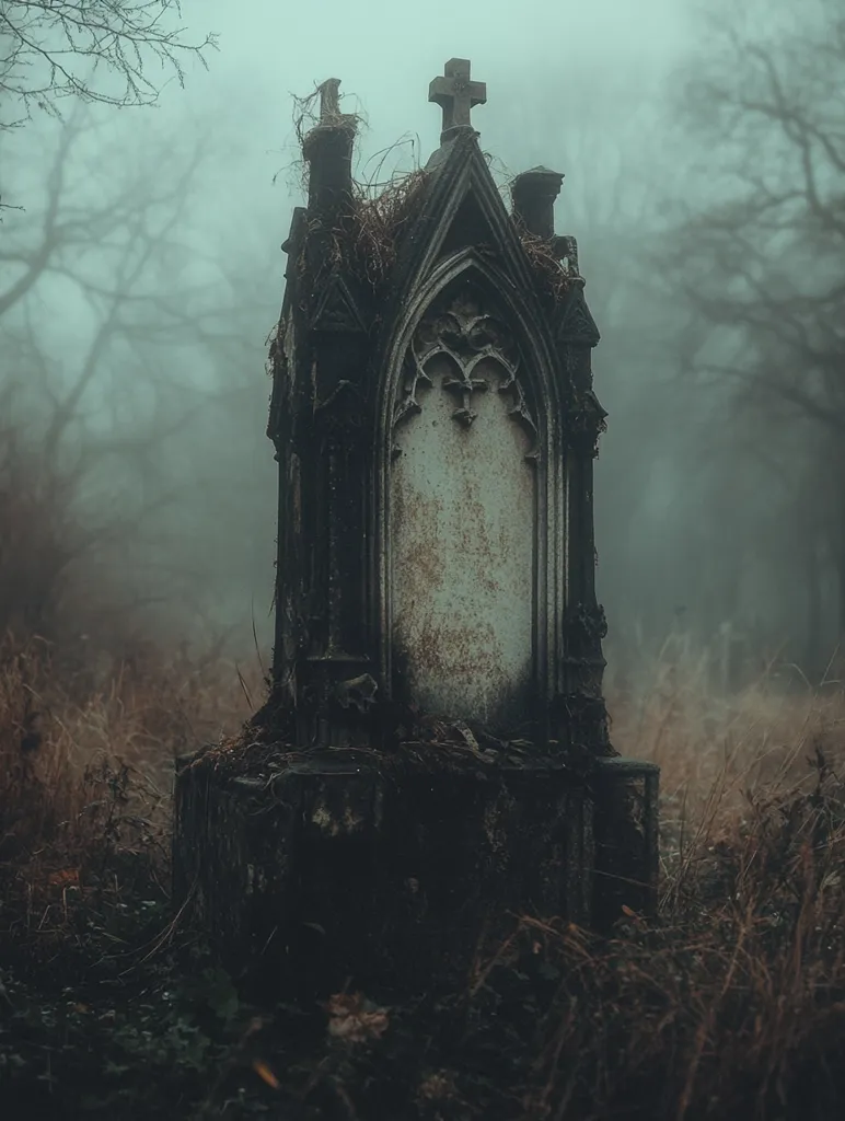 A weathered, gothic-style tombstone stands tall in a misty, overgrown graveyard. Its intricate carvings and a cross at its peak add to its eerie charm. The fog obscures the surrounding landscape, creating an atmosphere of mystery and melancholy. The tombstone is partially obscured by overgrown foliage, suggesting the passage of time and the enduring presence of the past. The image evokes a sense of solitude and the fragility of life.