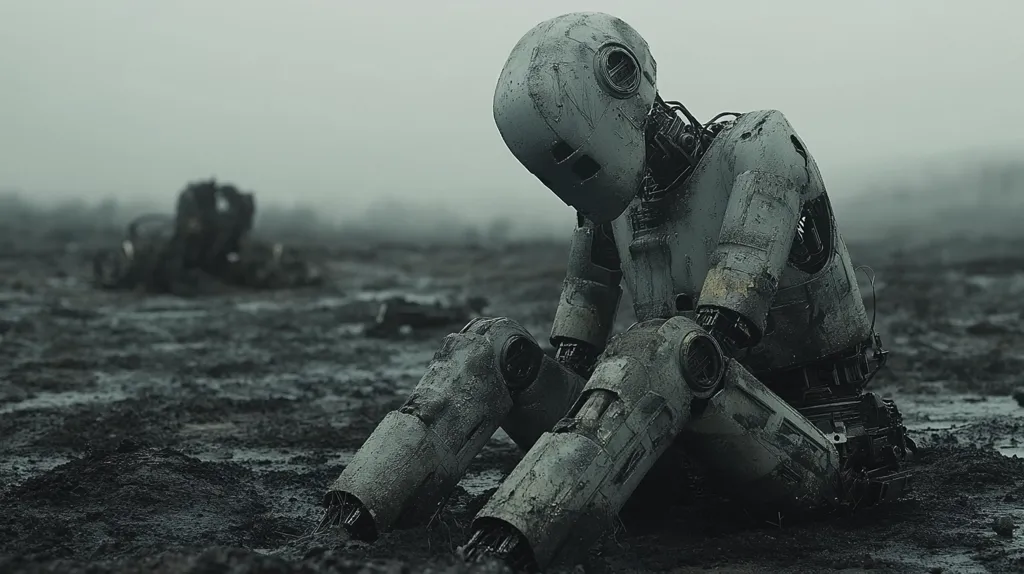A humanoid robot sits slumped on the muddy ground, its head bowed in a posture of defeat. The robot is covered in dirt and grime, suggesting a harsh environment.  A thick fog obscures the background, adding to the sense of isolation and desolation.  The image evokes a sense of loneliness and the potential consequences of technological advancement.