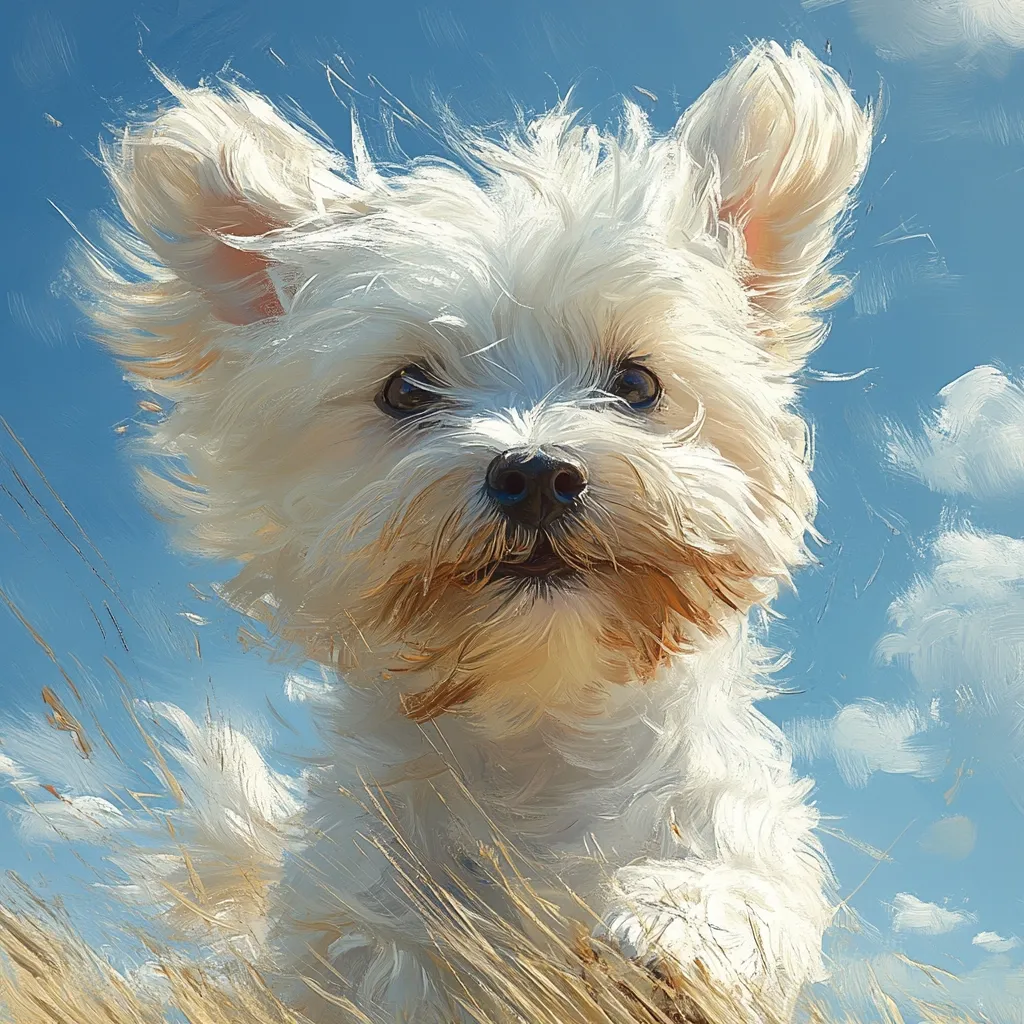 A white dog with fluffy fur is running through tall grass with a bright blue sky and fluffy white clouds in the background.  The dog's tongue is sticking out and it is looking directly at the viewer. The painting is done in a loose, impressionistic style, with brushstrokes visible. The dog's fur is depicted as soft and fluffy. The background is blurry and out of focus, drawing attention to the dog. The dog's joyful expression suggests that it is having fun.