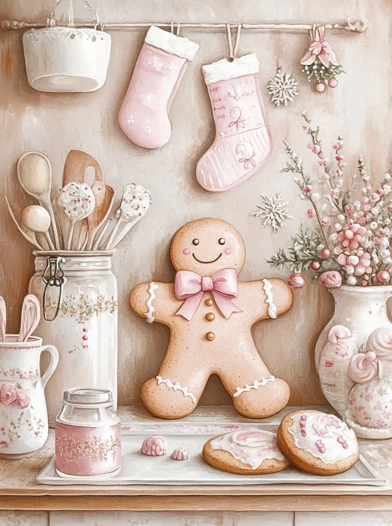 The image depicts a cozy kitchen scene with a gingerbread man taking center stage.  Two pink stockings hang from a rail, filled with goodies.  A jar filled with wooden spoons, a pitcher, and two glass jars sit on a shelf.  A bouquet of pink flowers sits in a decorative white vase.  Two gingerbread cookies with pink icing are resting on a tray, completing the festive scene.