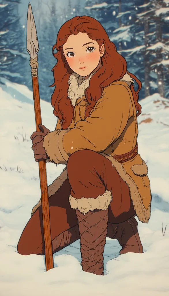 A young woman with long red hair is kneeling in the snow, holding a wooden spear. She wears a brown fur-lined coat, leggings and boots. The background is a snowy forest. The woman's expression is serious, and she looks determined.