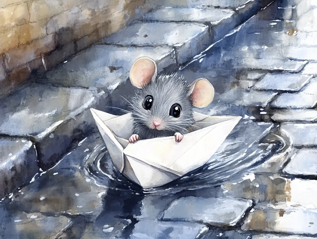 A small, gray mouse sits in a white paper boat floating on a puddle in a cobblestone alley. The mouse's large, black eyes stare directly at the viewer, as if anticipating an adventure. Watercolor paints depict the scene with a soft, dreamy quality.  The image evokes a sense of whimsy and childlike wonder.
