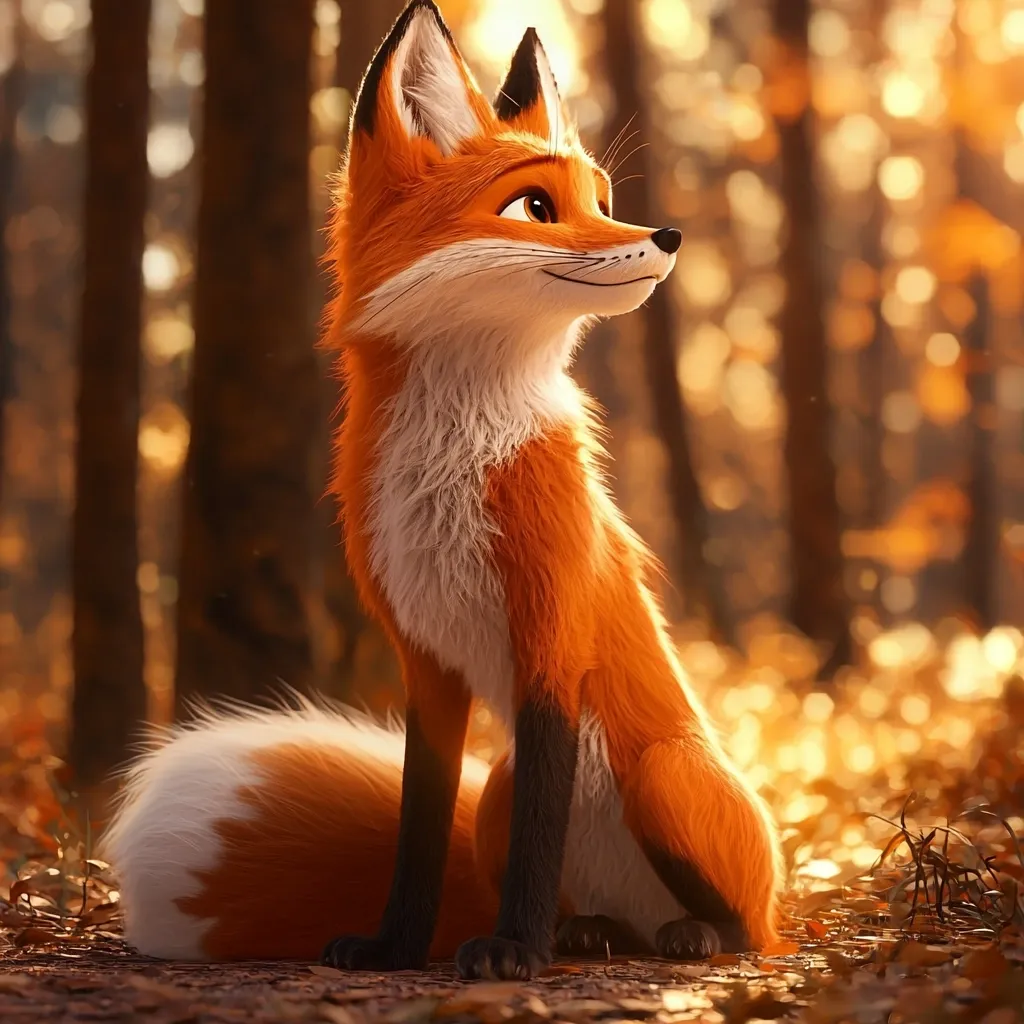 A cartoon fox with bright orange fur and white markings sits in a forest. It has large, expressive eyes and a fluffy tail. The fox is looking to the right and the background is out of focus, creating a warm, inviting atmosphere. The light shines through the trees, illuminating the fox and the fallen leaves on the forest floor.