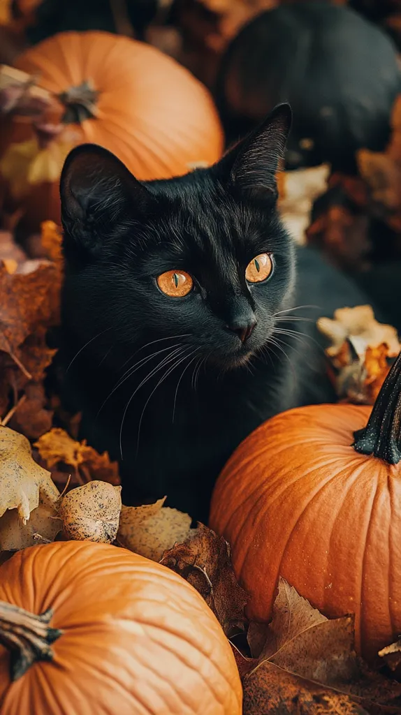 A black cat with piercing golden eyes sits amongst autumn leaves and pumpkins. The cat's fur is soft and glossy, and its eyes are bright and alert. The pumpkins are large and orange, and the leaves are a mix of brown and orange. The scene is warm and inviting, and the cat is the perfect addition to this festive fall setting.