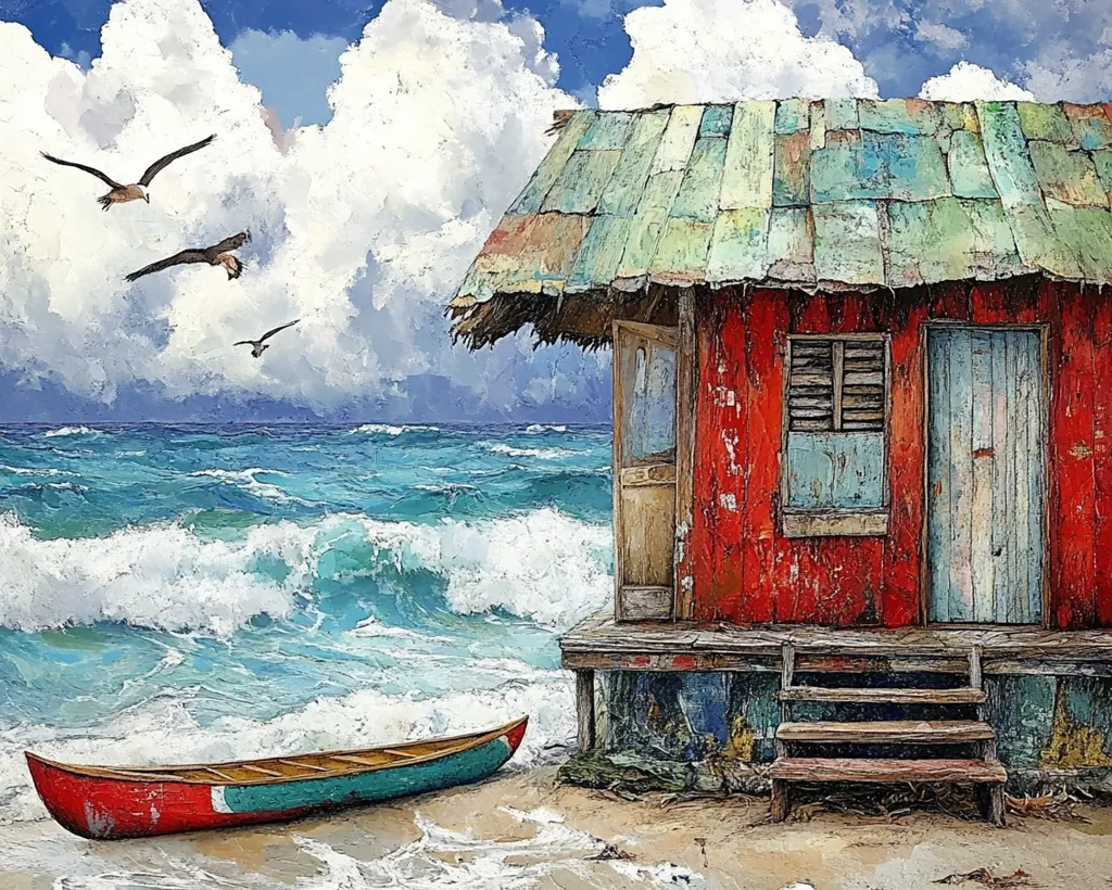 A red, weathered beach hut stands on stilts overlooking the turquoise ocean. The wooden structure has a green, tiled roof and weathered wooden doors and windows. A small, wooden boat sits on the sandy shore, and three seagulls fly overhead. The ocean waves crash against the shore, creating a sense of peace and tranquility. The sky is filled with white, fluffy clouds.
