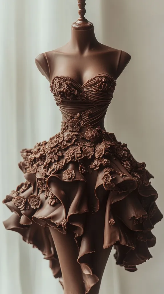 A chocolate sculpture of a woman wearing a dress. The dress is intricately detailed with ruffles and floral designs. The sculpture is standing on a white background. The chocolate is a rich brown color and the dress has a high-low hemline. The sculpture is a beautiful and creative example of food art.