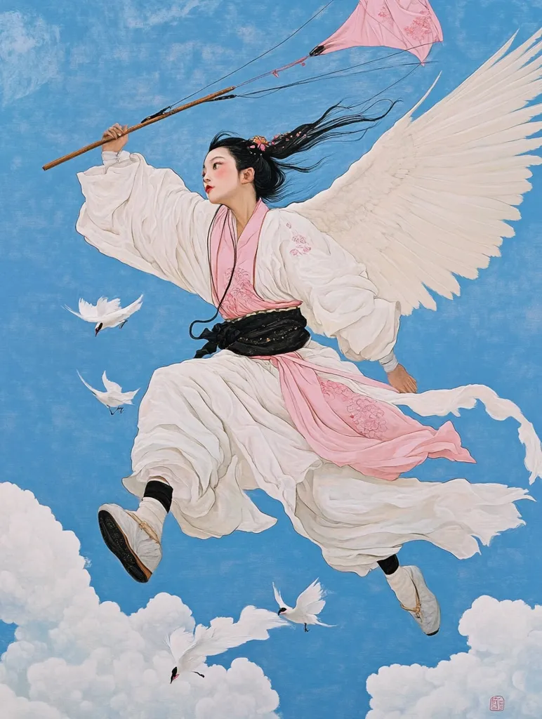 A woman with long black hair and white wings flies through the air with a pink kite. She wears a white dress and pink sash. She has a serene expression and is surrounded by white clouds and birds. The background is a bright blue sky. The image conveys a sense of peace and tranquility.