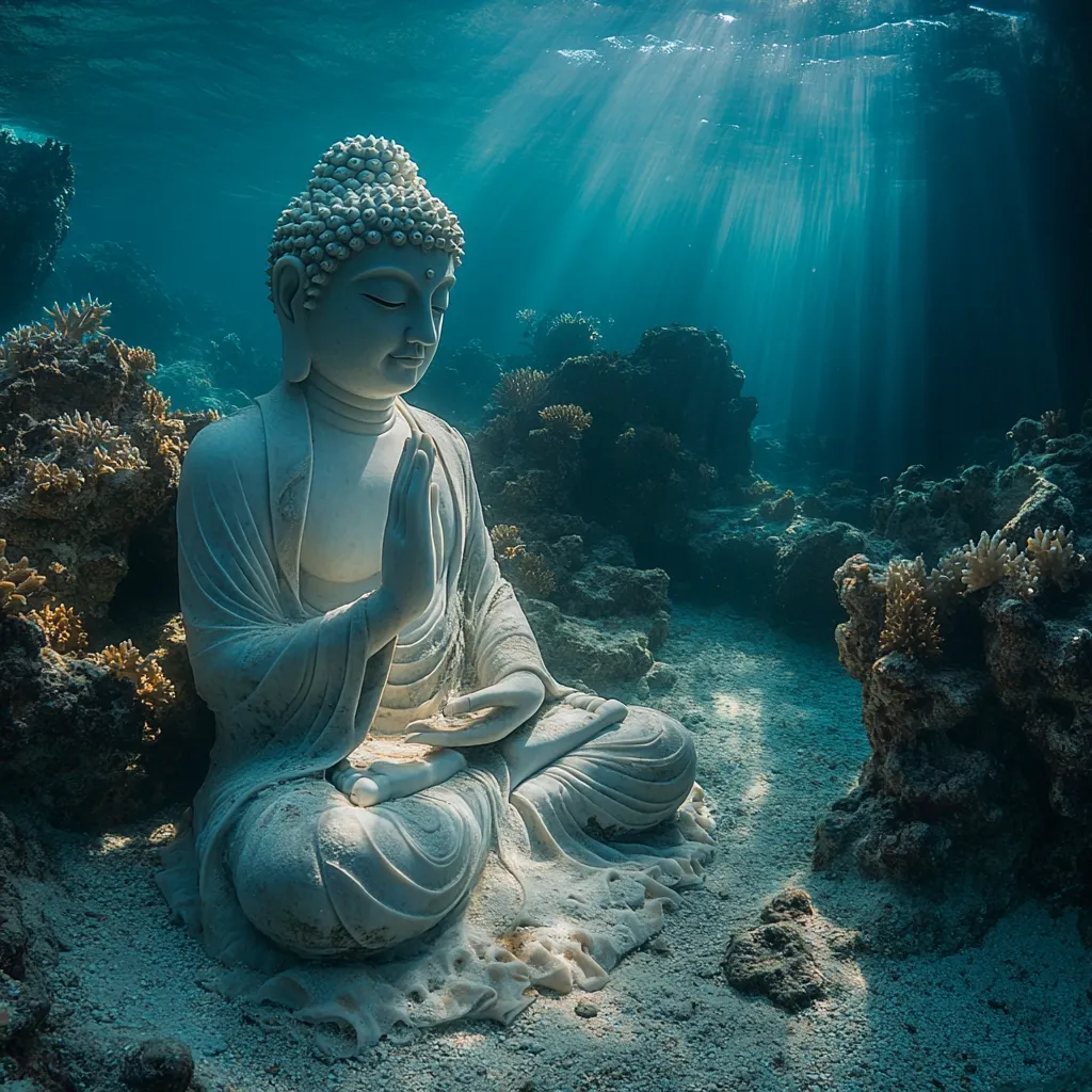 A white, serene Buddha statue sits in the lotus position on the sandy ocean floor, surrounded by coral reefs. Sunbeams pierce through the blue water, casting an ethereal glow on the scene. The statue's peaceful expression and the tranquility of the underwater world create a sense of calm and serenity.