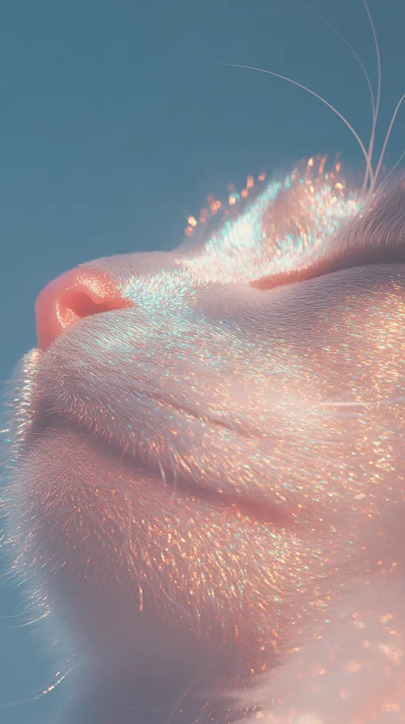 The image is a close-up of a cat's face, the fur is white with a slight pink tint, and covered in a fine layer of iridescent glitter. The cat is looking up, with its eyes closed and a serene expression. The background is a soft blue. The image captures the beauty and tranquility of a sleeping cat.  The light and shimmer create a magical and dreamy atmosphere.