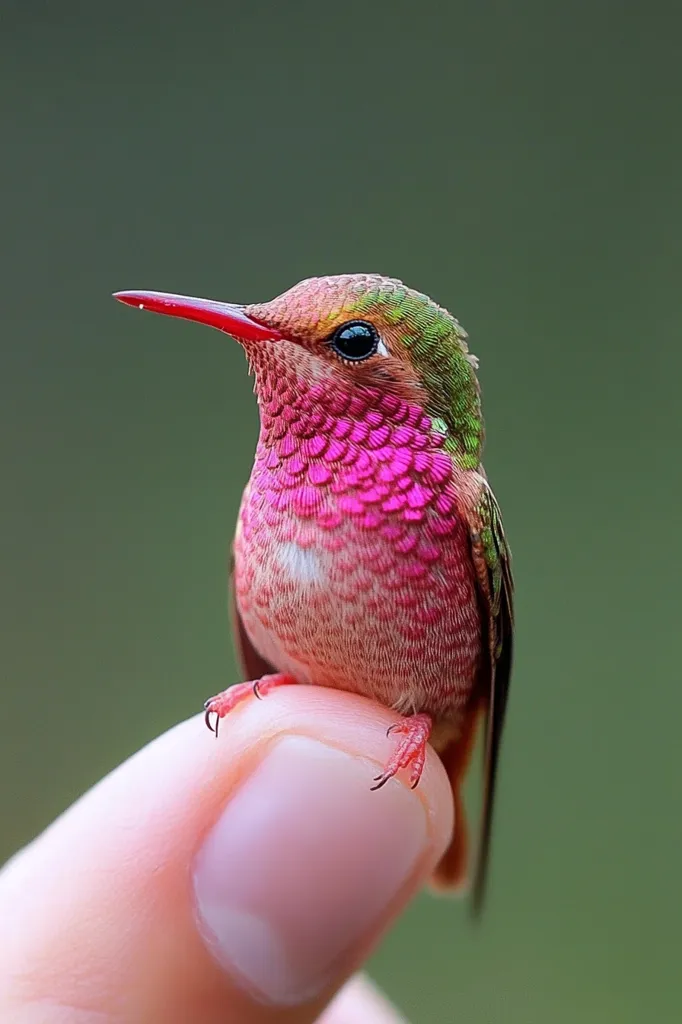 A tiny, vibrant hummingbird, predominantly pink with a touch of green, perches gracefully on a human finger. Its delicate features, bright eyes, and intricate feathers are highlighted against a soft green backdrop. The hummingbird's miniature size and vivid colors create a striking contrast, emphasizing its delicate beauty.