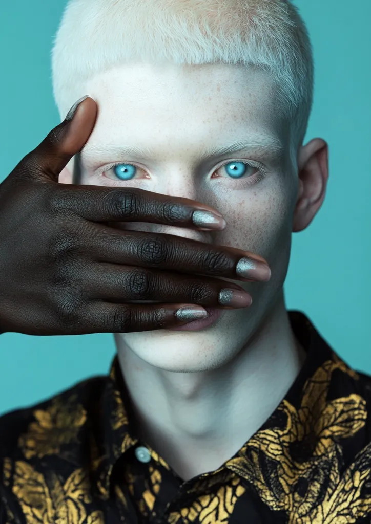 A young man with very pale skin and bright blue eyes looks directly at the camera. A dark hand with long nails covers his mouth. He is wearing a black shirt with gold designs. The background is a light blue color.