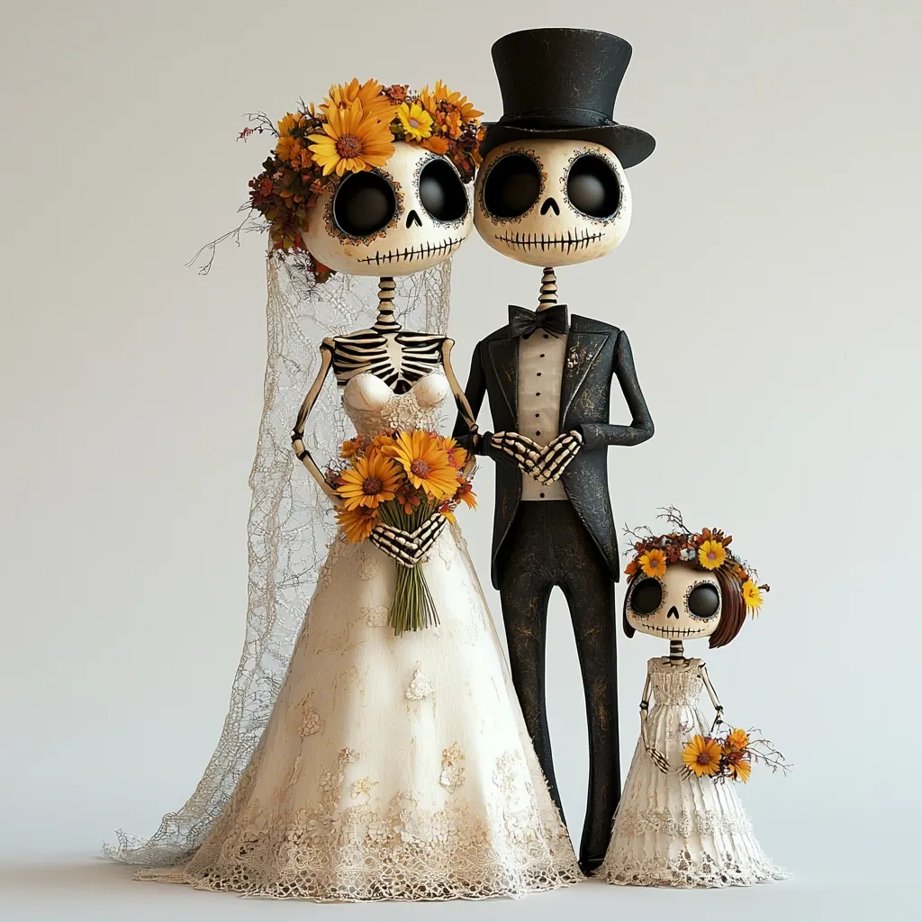 A skeletal wedding couple with a flower girl. The bride is wearing a white wedding dress with a long veil, and the groom is wearing a black suit and a top hat. The flower girl is wearing a white dress with a floral crown. They all have painted-on smiles and are holding flowers. The image is likely meant to be humorous and lighthearted.