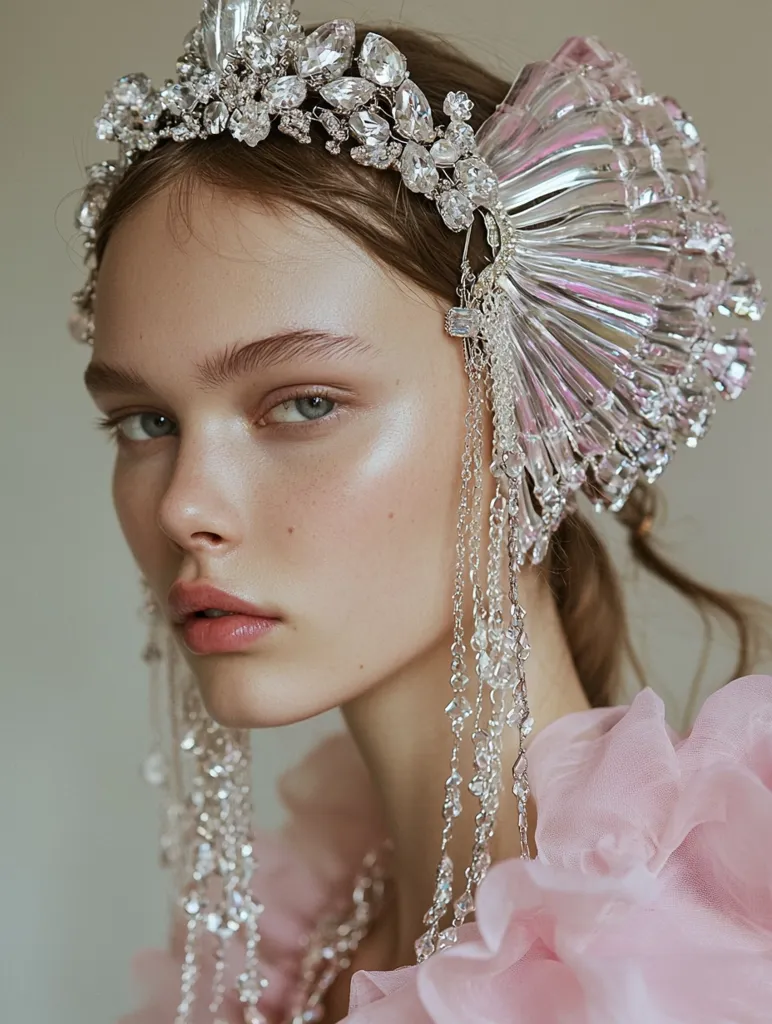 A woman with fair skin and light brown hair wears a large, elaborate crystal headpiece that drapes down her back. The headpiece is a mix of delicate crystals and larger, geometric shapes. Her face is made up with soft, natural makeup, and her expression is serious. She wears a pale pink, ruffled dress. The overall effect is both ethereal and sophisticated.