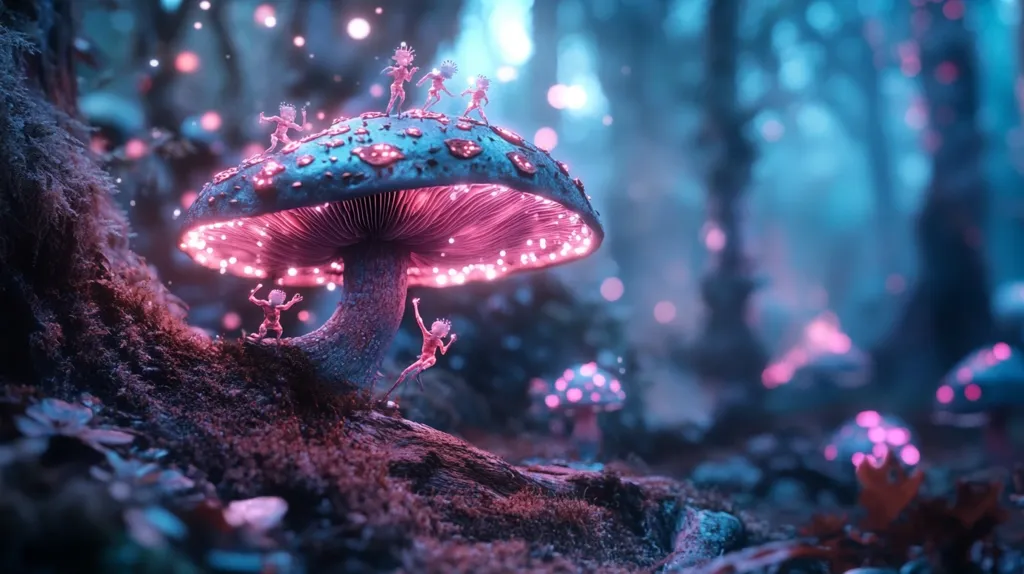 A giant glowing mushroom sits in a magical forest. Small, glowing figures dance on its cap and under its stem. The forest is bathed in a blue and purple light, and other glowing mushrooms are visible in the background. It feels like a magical fairyland scene from a fantasy movie.
