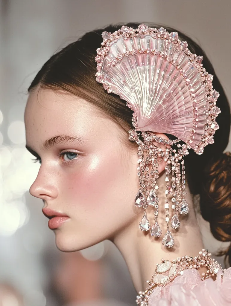 A woman with fair skin and a delicate face is adorned with a large, ornate hairpiece in the shape of a seashell.  The piece is encrusted with sparkling crystals and hangs down her ear in a cascade of dangling charms. The woman's makeup is subtle and enhances her natural beauty, with a touch of blush on her cheeks.  Her hair is pulled back from her face, showcasing the intricate detail of the hairpiece.