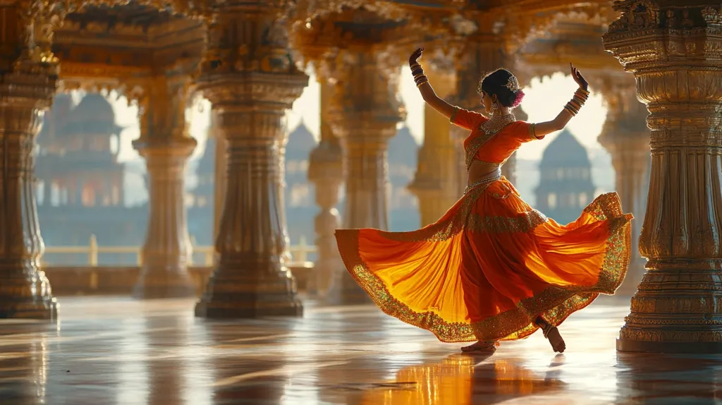 A woman in a vibrant orange and gold dress dances gracefully in a grand, ornate palace.  She moves with fluidity, her long skirt flowing around her. The palace is adorned with intricate carvings and the light streams in through the open doorways. The scene is both majestic and enchanting.