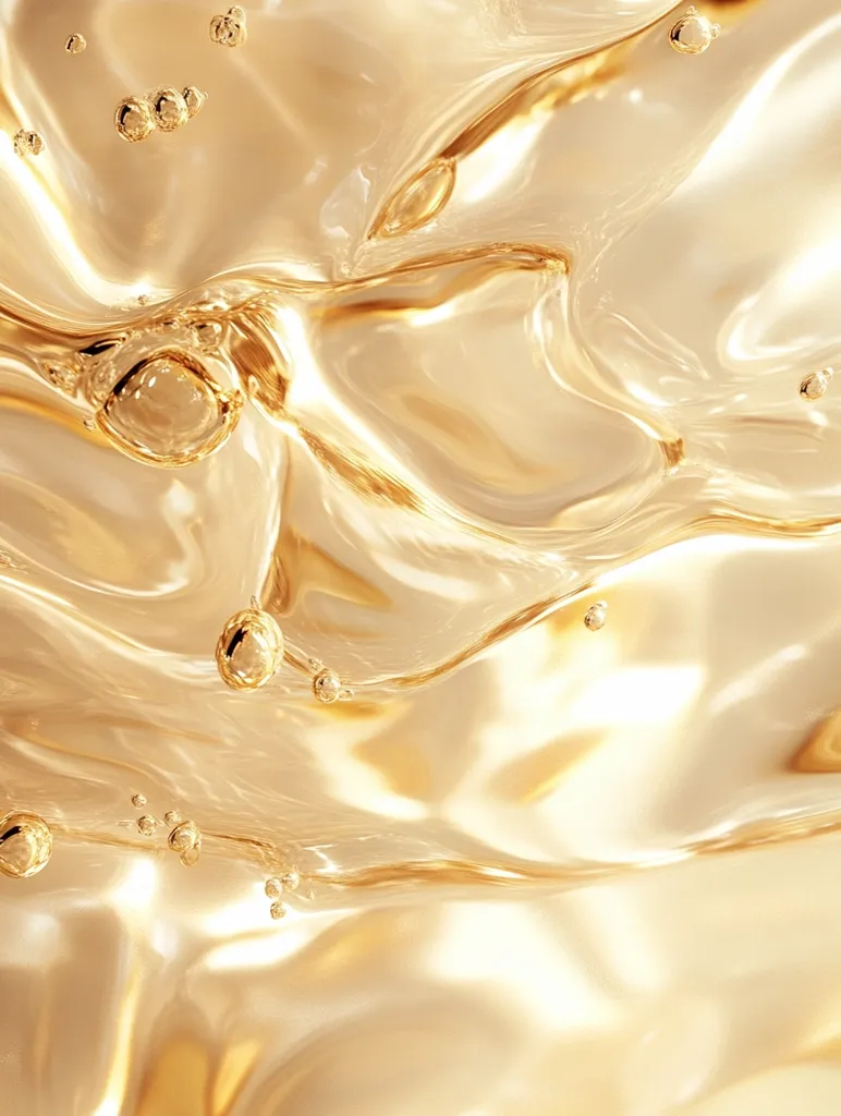 The image shows a close-up of a liquid, likely oil or serum, with a golden hue. The liquid is smooth and flowing, creating gentle waves and ripples. Small, transparent bubbles are scattered throughout the surface, adding to the overall sense of fluidity and luxury. The warm, golden tones evoke feelings of richness and indulgence. The image has a soft, almost ethereal quality, making it visually appealing.