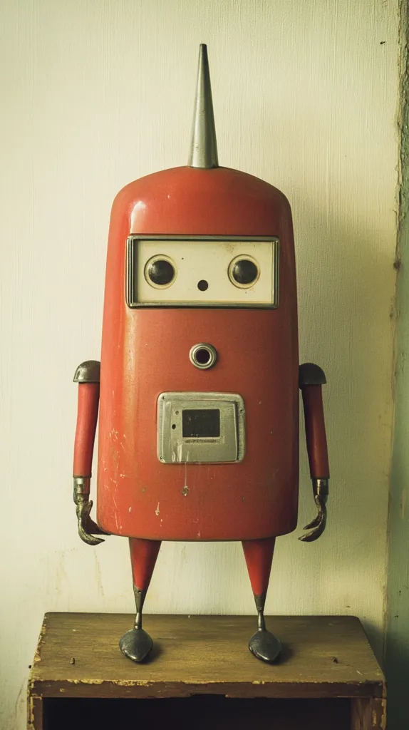 A vintage-looking robot stands on a wooden shelf. It has a red, rectangular body, a pointed head, two round black eyes, and two short arms. The robot has a simple, almost childlike design, and its slightly worn surface gives it a feeling of age and character.