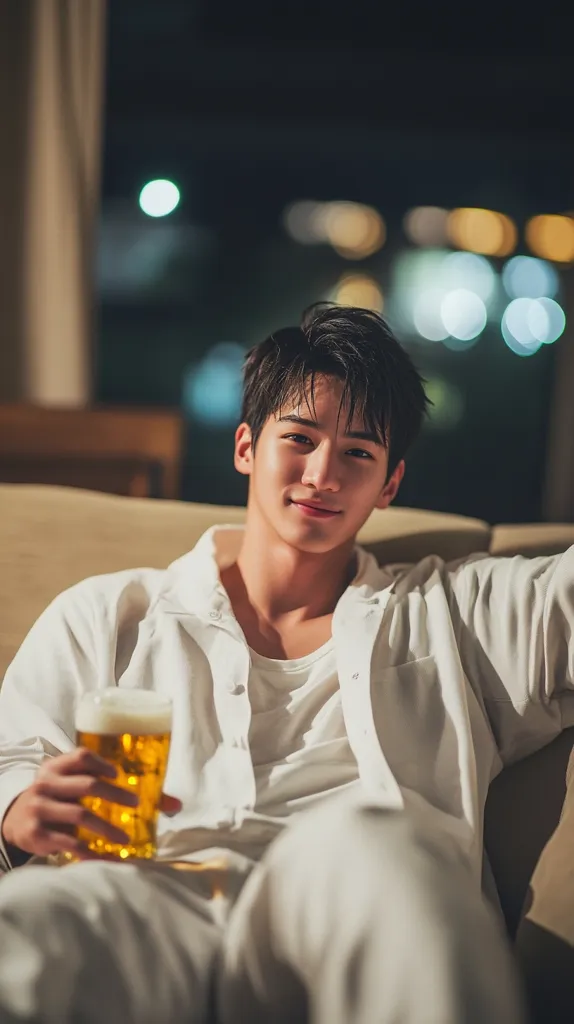 A young man, wearing a white shirt, sits on a couch. He is holding a glass of beer, and looks at the camera with a smile. The background is blurred with lights and the image is lit with warm tones.  The man's relaxed pose and warm lighting suggest a comfortable and cozy setting.