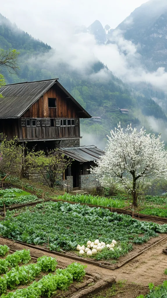 A wooden farmhouse sits nestled in a valley with misty mountains in the background. A lush garden thrives in front of the house, with rows of leafy greens and white gourds. A flowering cherry tree stands proudly beside the house, adding a touch of elegance to the scene. The clouds hug the mountaintops, creating a tranquil and serene atmosphere.
