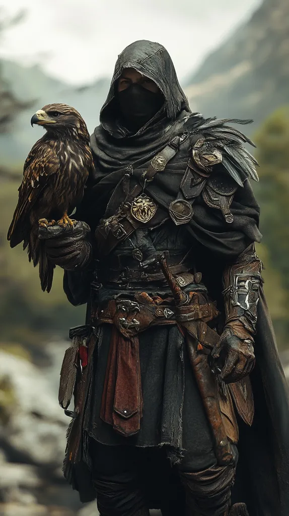 A man in a black hooded cloak and face mask stands in a forest with a brown hawk perched on his gloved hand. He wears leather armor with buckles and straps, a red sash, and a dagger at his hip. The man's expression is hidden by his mask, giving him a mysterious air. He appears to be a skilled warrior or hunter.
